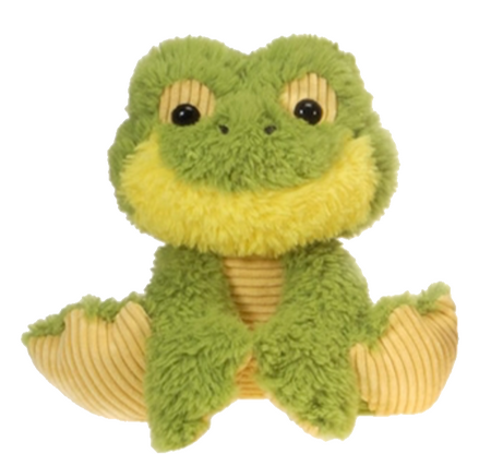 A green and yellow frog plushie.