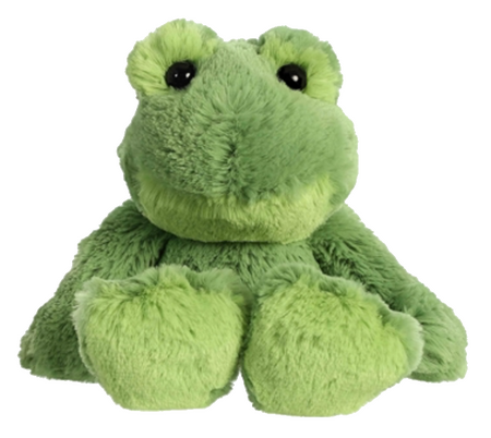a green frog plushie with large feet.